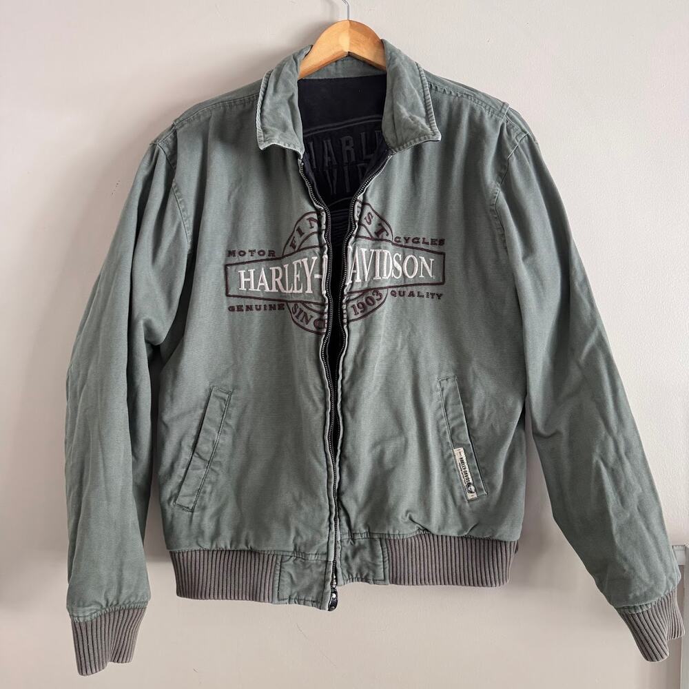 Harley Davidson Reversible Embroidered Canvas Bomber Jacket Black Size Medium - Picture 8 of 9